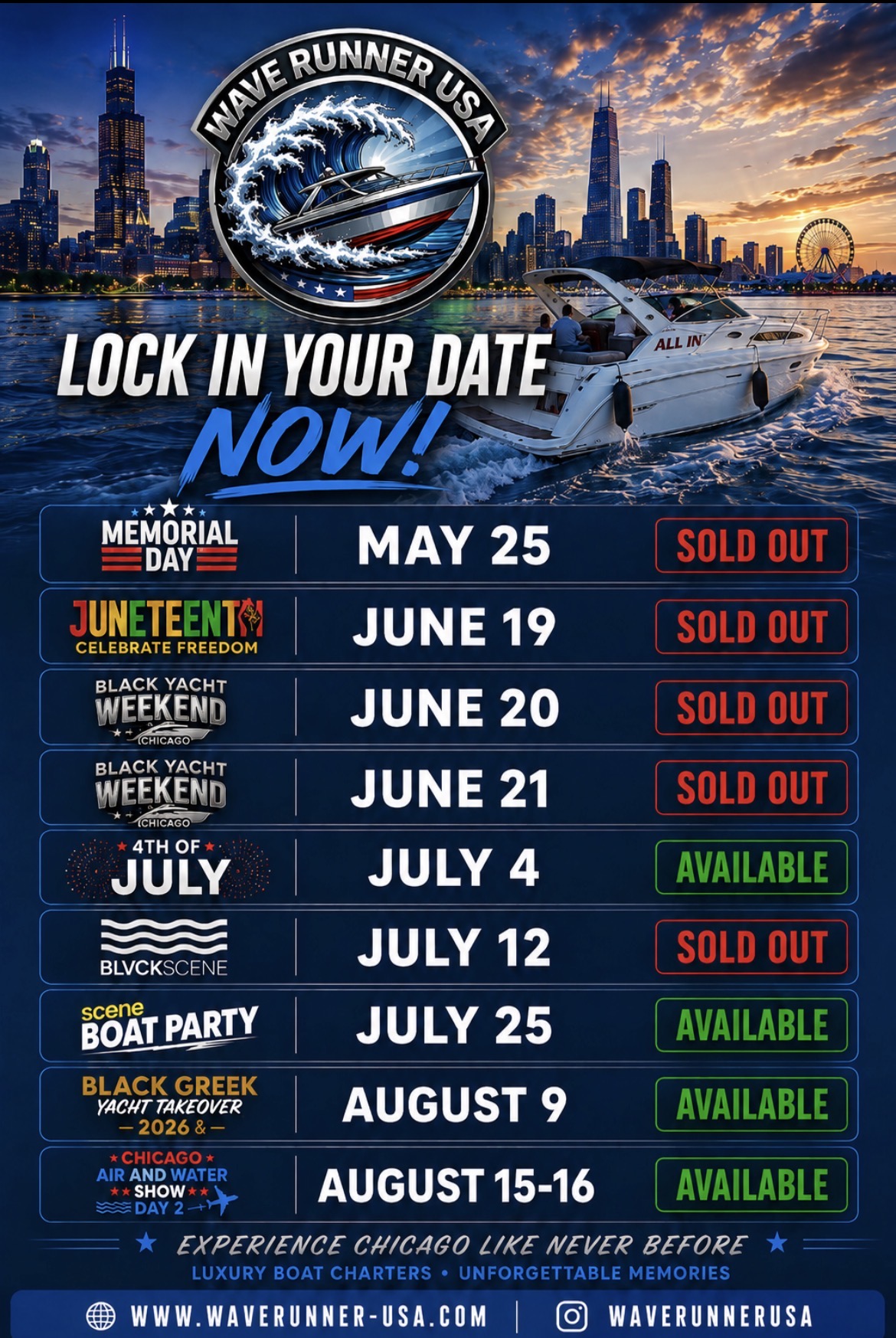 Waverunner USA — Lock In Your Date Now! 2026 event availability flyer